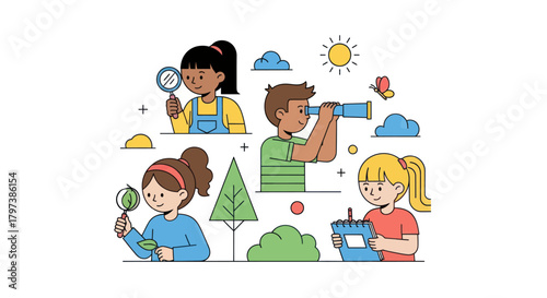 Diverse Children Exploring with Magnifying Glasses and Telescope.