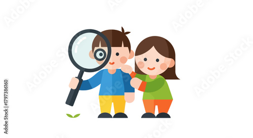 Two cartoon children exploring with a magnifying glass one looking through it.