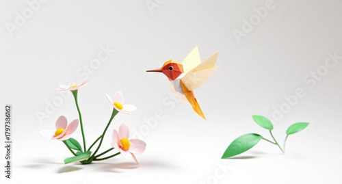 Bird of paradise flower illustration with cute spring bloom design and flying birds