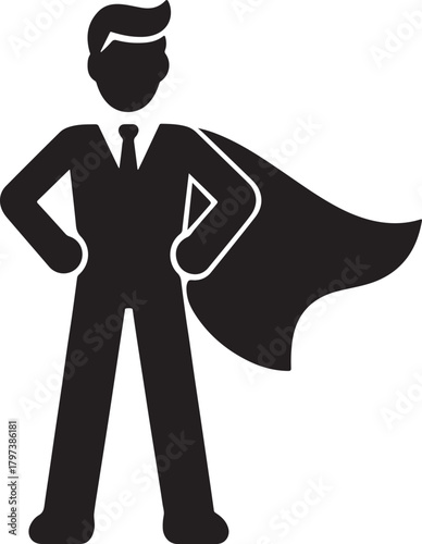 Manager hero pictogram in confident stance, bold silhouette vector ideal for business concepts.