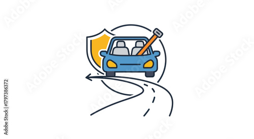 Blue Car Icon with Shield Road and Shovel Representing Safety and Assistance.
