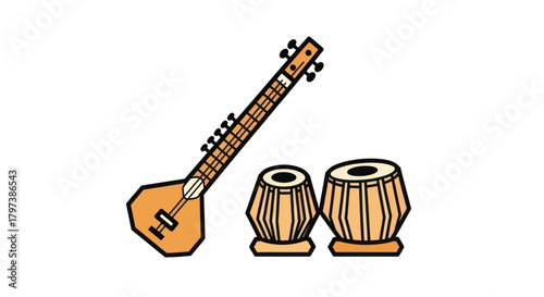 Traditional Indian Sitar and Tabla Musical Instruments.