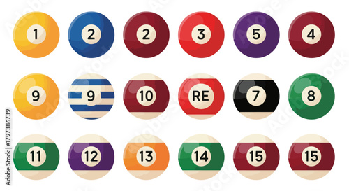 Collection of Colorful Solid and Striped Billiard Pool Balls with Numbers.