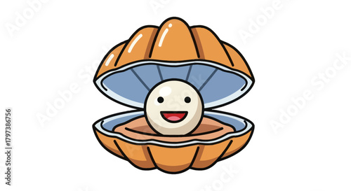 Cute cartoon clam shell with happy smiling pearl inside.