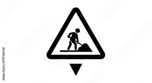 Black and white construction worker digging road work warning sign.