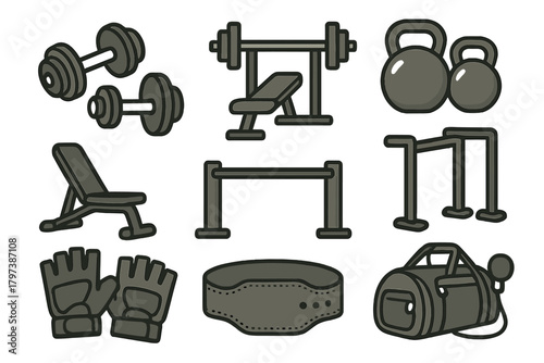 A set of icons related to the gym and strength training. All icons are made in a dark outline style with a minimalist design.