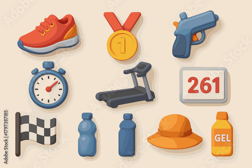 A set of 3d icons related to sports and running. All items are designed in bright colors with a soft, illustrative design.