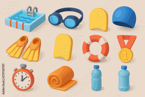 A set of 3d icons related to swimming and water sports. All items are rendered in bright colors with a soft, illustrative design.