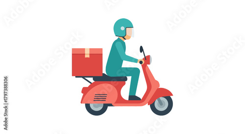 Delivery Person Riding Red Scooter with Package Box.