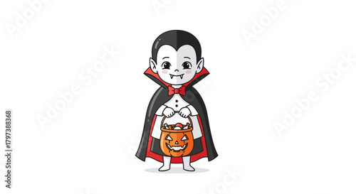 Adorable Cartoon Vampire Character with Halloween Costume and Pumpkin Treat Bag.