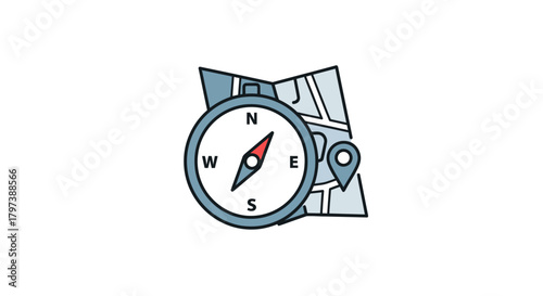 Illustrated Compass Map and Location Pin for Navigation.