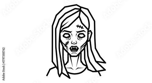 Stylized illustration of a female zombie with decaying features and sharp teeth.