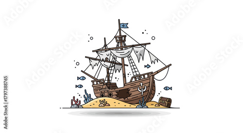 Hand-drawn Sunken Pirate Ship Wreck on Ocean Floor with Marine Life.