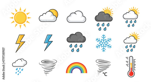 Weather Icons Set with Sun, Rain, Snow, and Wind Elements