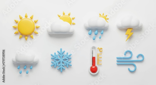 Colorful Weather Icons Set with Sun, Clouds, and Thermometer