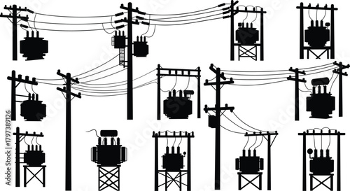 Silhouette vector illustration of electrical transformers, utility poles, and transmission towers—energy grid infrastructure layout for power distribution, engineering, and planning reference