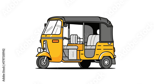 Yellow threewheeled auto rickshaw or tuktuk with grey roof and seats on a white background