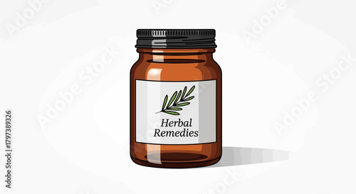 A brown jar with a black lid has a label with a green plant and text Herbal Remedies