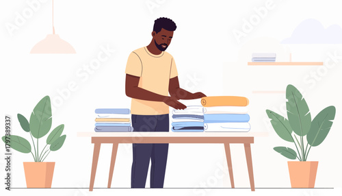 A focused Black man with a beard wearing a yellow shirt neatly folding and stacking clean laundry.