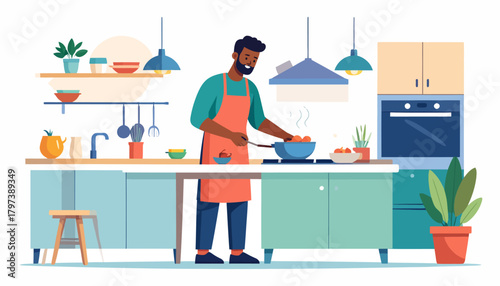 A focused bearded man in a vibrant orange apron stirring a meal in a pan on a stovetop.