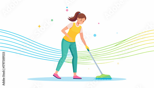 Illustration of a young woman in a yellow top and teal leggings actively mopping the floor.