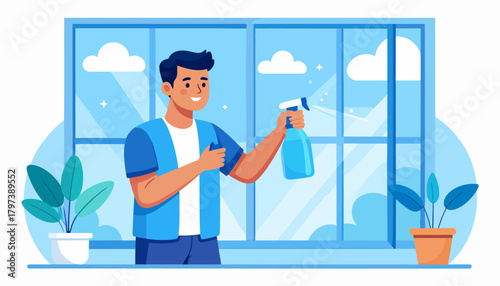 Man cleaning window with spray bottle, wearing blue vest and smiling.
