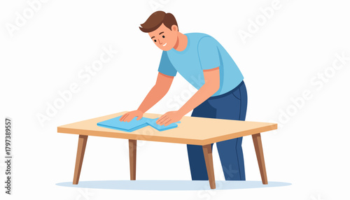 Man Cleaning Table with Cloth - Light Blue Shirt, Dark Blue Pants, Brown Hair.