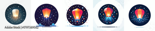 Flying Paper Lanterns in Night Sky – Hopeful Minimalist New Year Concept. Vektor, design, minimalist, illustrations, set icon
