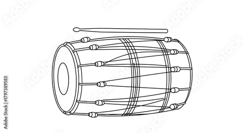A Dhol drum with a stick above it The drum is secured with cords detailed with knobs