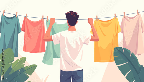 Young man hanging colorful laundry on a clothesline, viewed from behind, with lush green foliage.
