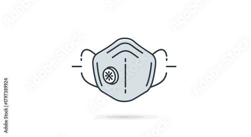 A gray face mask with straps a round filter with a snowflake design and two vertical lines is floating over a shadow