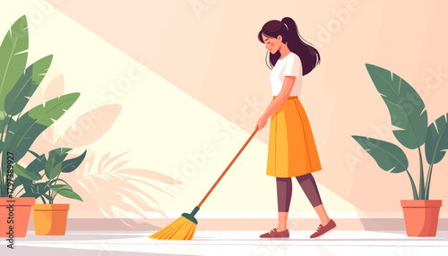 Young woman with a ponytail in a yellow skirt and white t-shirt sweeping the floor with a broom.