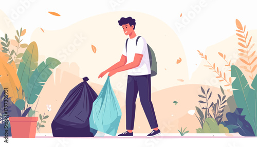 Young man in white t-shirt and backpack picking up trash bags, environmental cleanup.
