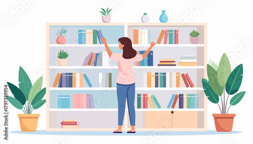 Young woman with long brown hair in a pink shirt organizing books on a large white bookshelf.