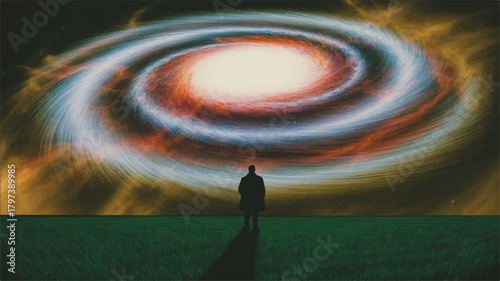 Silhouetted figure gazing at swirling spiral galaxy in night sky over grassy field digital artwork.