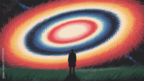 Silhouetted figure gazing at swirling spiral galaxy in night sky over grassy field digital artwork.