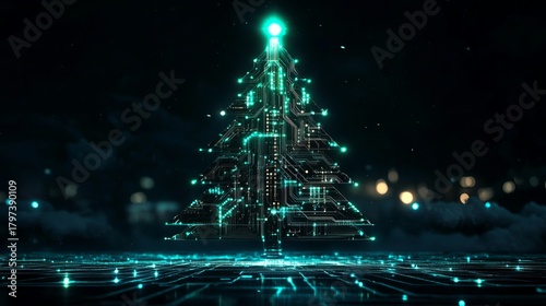 Stunning futuristic circuit board Christmas tree glows with vibrant cyan lights in a dark, high-tech digital landscape, perfect for holiday tech themes