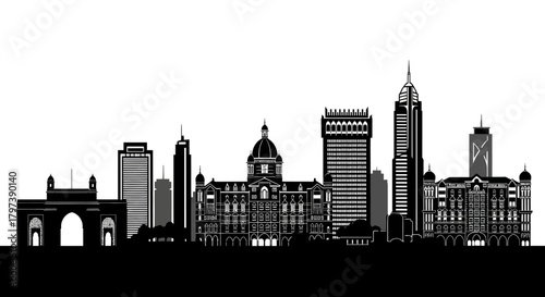 A monochrome skyline silhouette featuring varied buildings from arches to skyscrapers set against a white backdrop