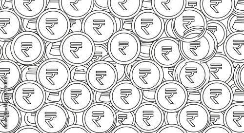 A pattern of stylized Indian Rupee coins with black outlines arranged tightly together