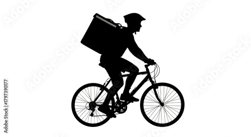 A silhouette of a cyclist with a delivery box on their back riding a bicycle against a white background
