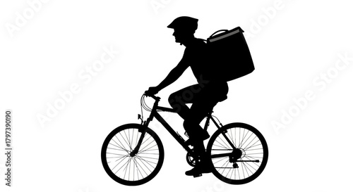 A silhouetted figure riding a bicycle with a large delivery box on their back