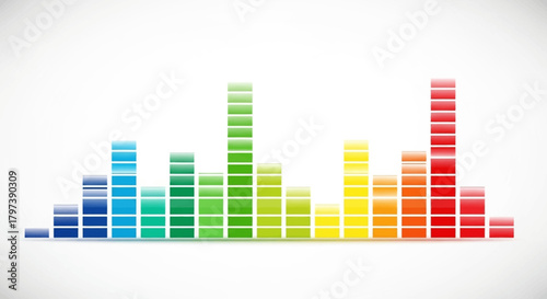 A spectrumcolored graphic equalizer display with multiple bars tallest in green and red