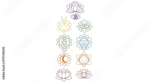 A vertical alignment of chakra symbols rendered in various colors depicting spiritual or energy centers