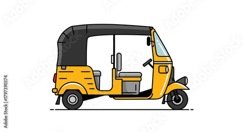 A yellow and black auto rickshaw is on display