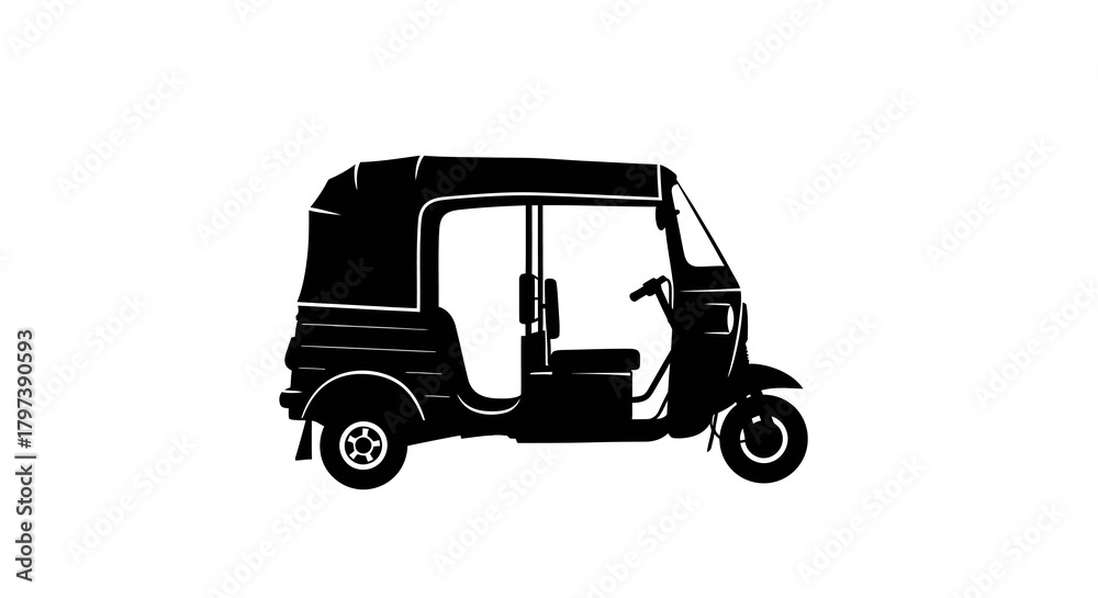 Fototapeta premium Black silhouette of a threewheeled auto rickshaw against a white background