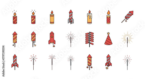 An array of 21 illustrations showing fireworks sparklers candles  a party hat on a white background