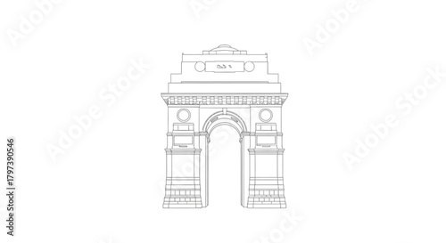 An outlined depiction of the India Gate monument in New Delhi standing prominently