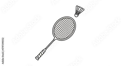 Badminton racket with a shuttlecock outlined with fine lines