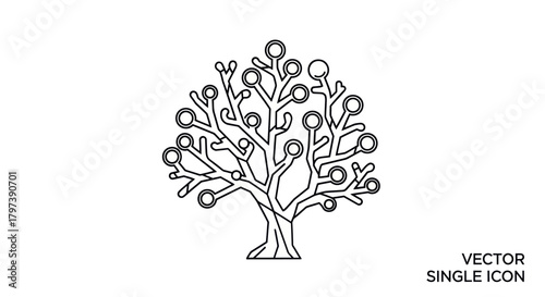 Stylized digital tree with glowing circular nodes on branches.