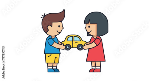 Two cartoon children sharing a yellow toy car.